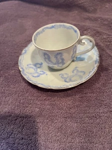 MAJEA CHINA teacup and saucer, blue and white delicate print, 2" cup height - Picture 1 of 3