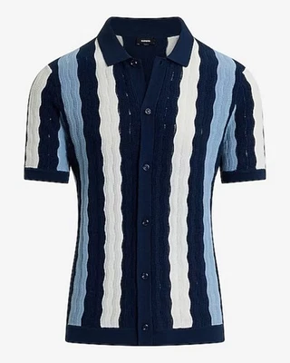 Express Textured Wavy Striped Cotton-Blend Short Sleeve Sweater Polo - Image 1 of 4