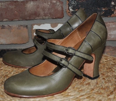 John Fluevog Olive Green Leather Mary Jane Double Strap Pump Midi Heel Shoes 8.5 - Image 1 of 4