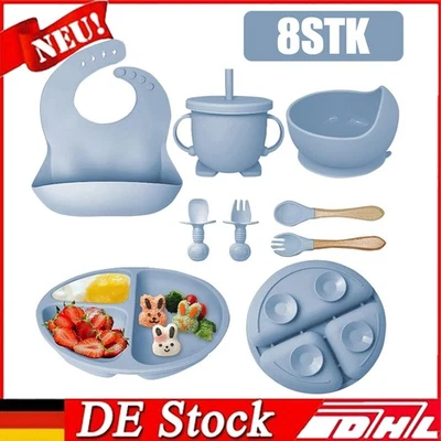 8X Baby Geschirrset Silikon mit Teller und Schüssel Lätzchen Löffel Becher Rosa - Bild 1 von 4