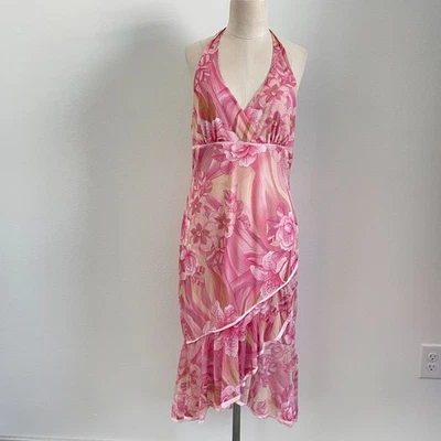Vestido Vintage Años 90 Y2K Mujer L Halter Cuello Floral Midi Hada Jardín Fiesta Volantes Foto 1 de 4