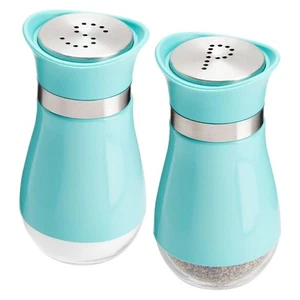 2 Pieces Set Teal Stainless Steel Salt and Pepper Shakers with Glass Bottom - Picture 1 of 10