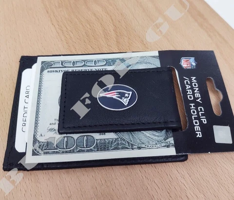 New England Patriots Black Leather Money Clip Wallet - Magnetic Mens NFL Wallet Cover