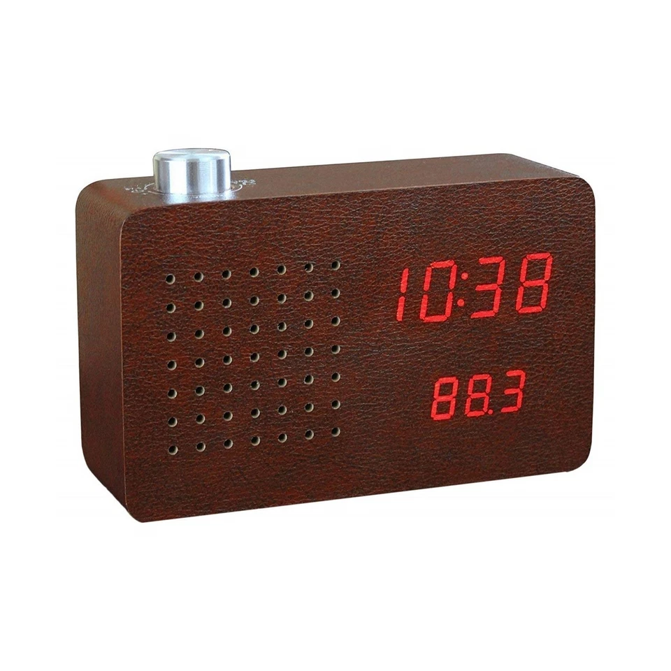 Radio Wecker LED Klemme und Klick Sound aktiviert Digital Datum Temp Leder - Bild 1 von 1