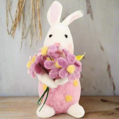 Primitive Farmhouse Felt Spring Easter Bunny With Flower Bouquet - Image 1 of 4