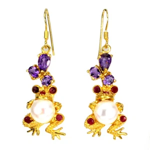 925 Sterling Silver Earrings Pear Amethyst Ruby Pearl Frog Gemstone Jewelry - Picture 1 of 10