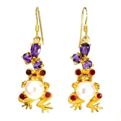 925 Sterling Silver Earrings Pear Amethyst Ruby Pearl Frog Gemstone Jewelry - Image 1 of 4
