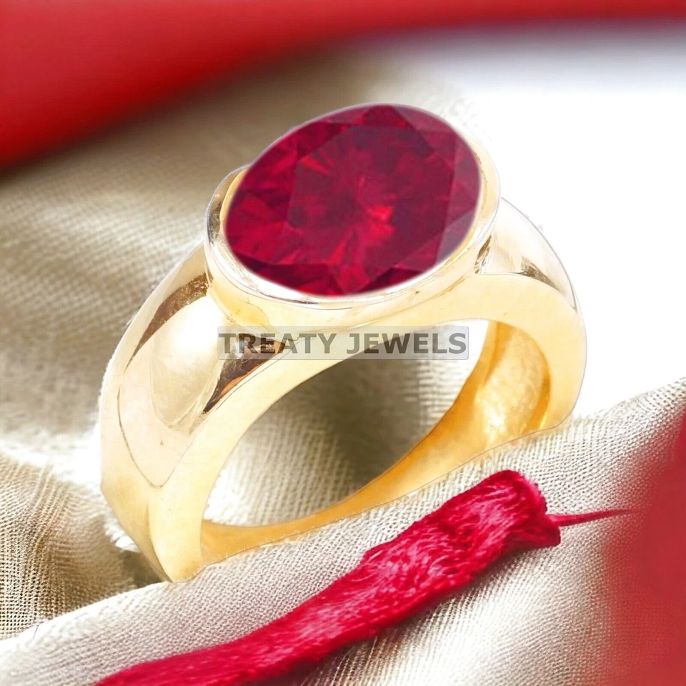 Ruby Oval Cut With 925 Sterling Silver Gold Plated Ring For Men's #A516 - Image 1 of 4