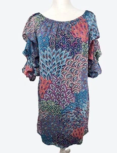 MSK Petite Mujer Vibrante Multicolor Paisley Túnica Vestido 3/4 Mangas Acanaladas PM - Imagen 1 de 14