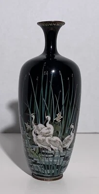 CRANES EGRETS HERON JAPANESE MEIJI CLOISONNÉ SILVER WIRE VASE Antique - Image 1 of 4