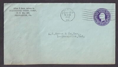 US #U439a WASHINGTON DIE 1 ON BLUE ENTIRE JEANNETTE PENN. TO INDIANAPOLIS 1932 - Image 1 of 2