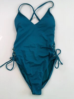 California Wave One Piece Padded Ribbed Side Lace Up Swimsuit  Turquoise  M  NWT - Image 1 of 4