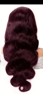 Dark Cherry Burgundy Red Body Wave Human Hair Head band Wig~ 180 density ~ 24” - Picture 1 of 12