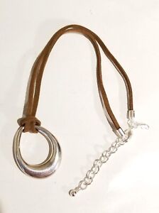 **Premier Designs Minimalist Silver Drop Pendant on Brown Leather Necklace**