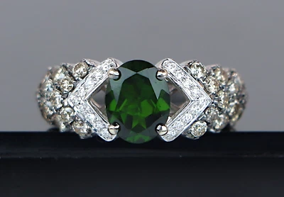 $3,550 Levian 14k White Gold Oval Green Stone Chocolate Diamond Cocktail Ring - Image 1 of 4