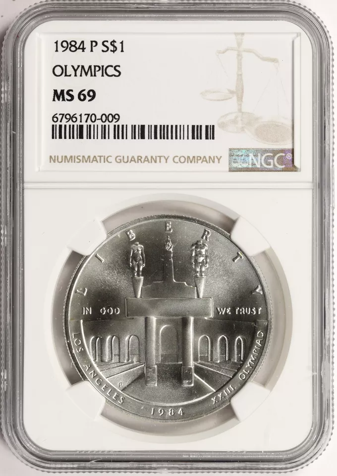 1984-P $1 Olympics Commemorative Silver Dollar NGC MS69 - Image 1 of 2