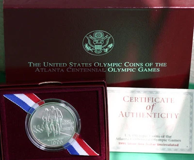 1995 Olympics Cycling BU 90% Silver Dollar Commemorative Coin w/ Box + COA Bike - Image 1 of 3