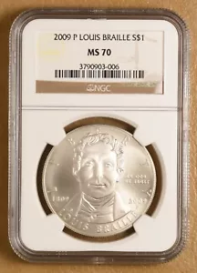 2009 P Louis Braille Commemorative Silver Dollar NGC MS70 - Picture 1 of 2