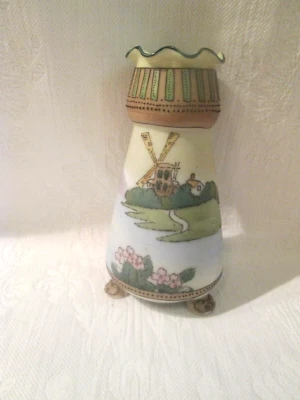 Vtg Nippon Green Mark "M" Scenic 3 Footed Hand Painted Vase 5.25" - Image 1 of 4