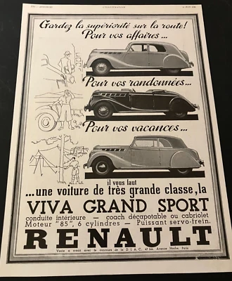 Francês 1938 Renault Grand Sport - Vintage Impressão Original Anúncio/Arte de Parede - LIMPO - Imagem 1 de 4