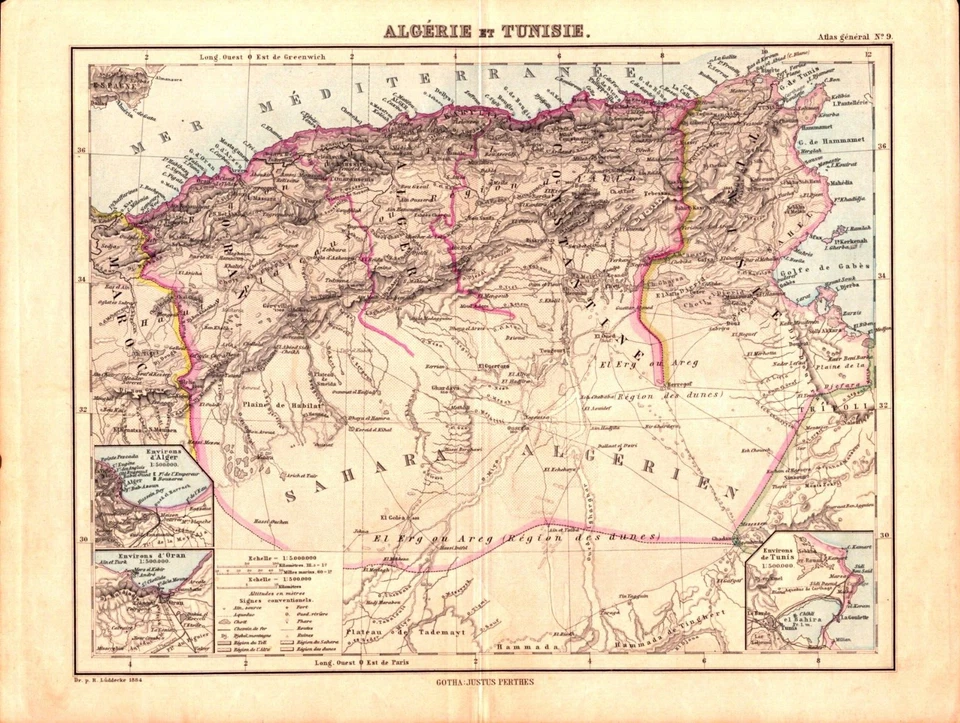 "ALGÉRIE & TUNISIE" ARGELIA, TÚNEZ Antiguo mapa original de África 1885 Foto 1 de 1
