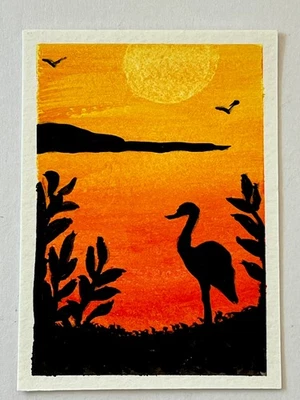 Arte original ACEO, arte pequeño, tarjeta ATC - pintura acuarela - grúa al atardecer Foto 1 de 2