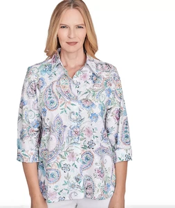 ALFRED DUNNER Classics Wmns PETITE Paisley Button Down 3/4 Slv TOP PS PM PL Neu mit Etikett - Bild 1 von 5