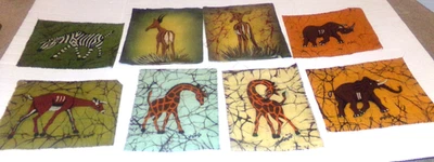 8 Cuadrados Artísticos Batik Tela Textil Africana Jirafa Cebra Rinoceronte Elefante Firmados Foto 1 de 4