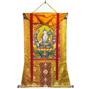 Arte Tara Thangka Blanco Pintado por Lama, Brocado de Seda Montado Tara Blanca - Imagen 1 de 10