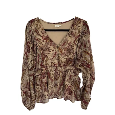 Blusa Top Para Mujer Maurices Talla Grande Beige/Borgoña Estampado Paisley Mangas Largas Foto 1 de 4
