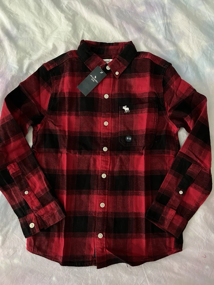 NEW Abercrombie Kids Red Black Plaid Shirt 9 10 - Image 1 of 1