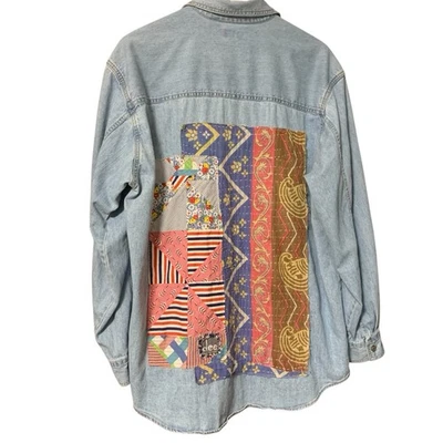 Upcycled Denim Shirt L Kantha Boho Festival Patchwork Artsy Sustainable Hippie - Image 1 of 4