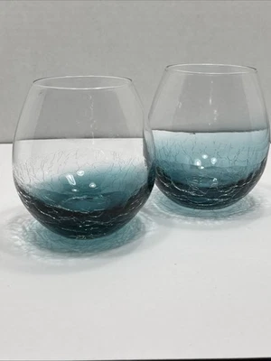 Pier 1  Teal Blue Crackle Glass Stemless Wine Glasses Set of 2 Discontinued - Image 1 of 4