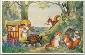 Artist-Signed MOLLY BRETT Postcard "THE VISITORS" Turtle Pulling Wagon / Medici - Picture 1 of 2