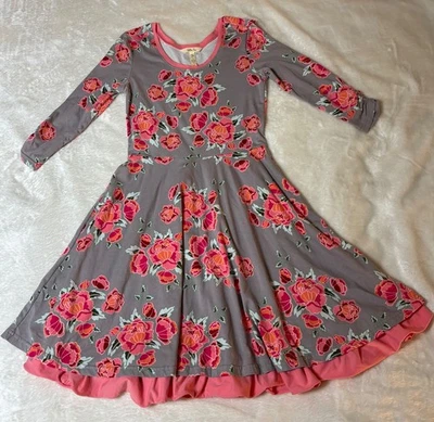 MATILDA JANE Womens Small Gray & Pink Floral MARZIPAN DRESS Rose Ruffle Hem - Image 1 of 4