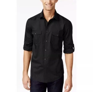 NEW Alfani Men's Warren Button Up Shirt Size M Black Long Sleeve Roll Tab Casual - Picture 1 of 12