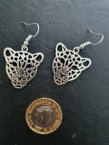 Ladies Large Silver Stylish Leopard Print Hook Earrings Gift Charm Animal Zoo - Picture 1 of 12