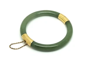 Rare Vintage Old Chinese Green Tube JADE 14k Gold Filigree Hinge Bangle Bracelet - Picture 1 of 8