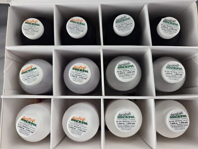 Madeira Overlock Box art 9210 - 6 Aerolock 1320 yds & 6 Aeroflock 1100 yds - New - Image 1 of 3