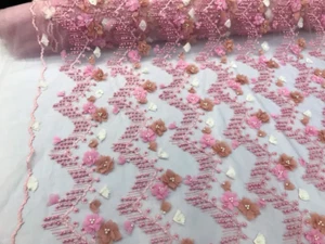 pink 3d chiffon flowers embroidery with pearls chevron mesh lace scalloped - Picture 1 of 1