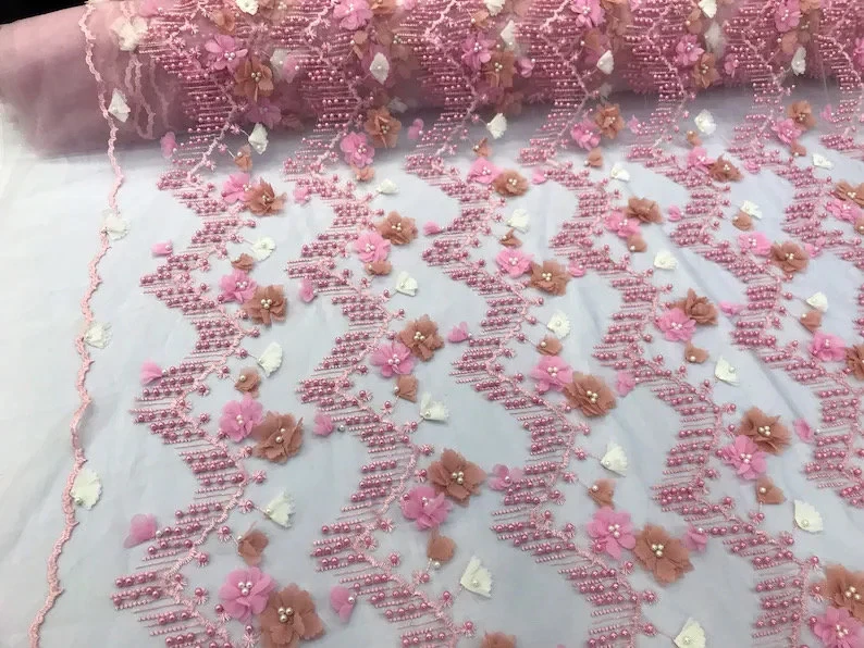 pink 3d chiffon flowers embroidery with pearls chevron mesh lace scalloped - Image 1 of 1