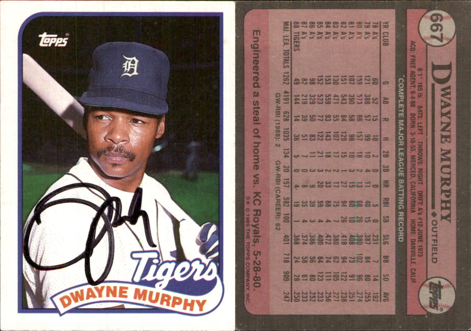 Dwayne Murphy Signed 1989 Topps #667 Card Detroit Tigers Auto AU