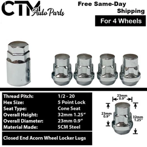 4x Chrome 1/2-20 Cone Seat Anti-Theft Wheel Lock+Key Fit Jeep Dodge Jaguar &More - Picture 1 of 6