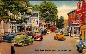 PORT DEPOSIT, MARYLAND - BUSY MAIN STREET LOOKING SOUTH - LINEN POSTCARD - Picture 1 of 2