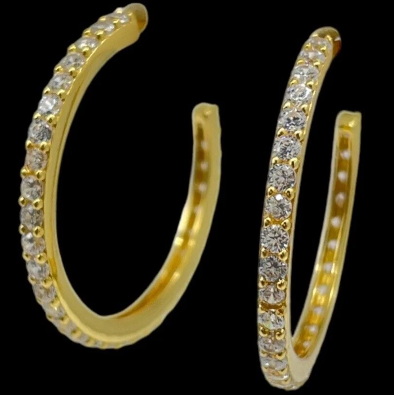 ORECCHINI CERCHIO SEMIAPERTI IN ARGENTO 925 DORATI BRILLANTATI DA DONNA ELEGANTI - Immagine 1 di 4