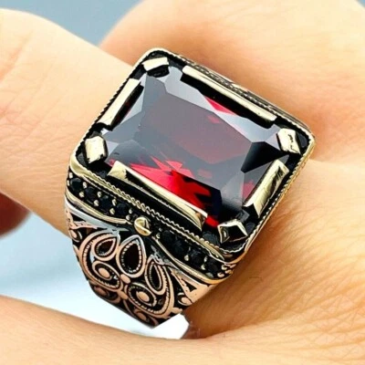Red Simulated Ruby Stone Ring Mens, 925K Sterling Silver, Men's Jewelry - Image 1 of 4