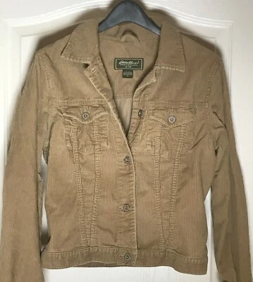Женская куртка Eddie Bauer средний размер пальто желтовато-коричневый вельвет открытый карманы металлические кнопки - Изображение 1 из 4