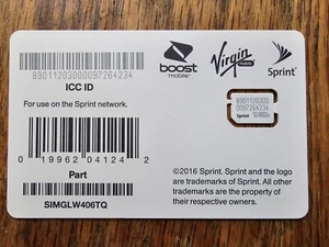 Sprint Sim Card SIMGLW406TQ Nano-Sim, Brand New and Unused, Boost Virgin Mobile - Picture 1 of 3