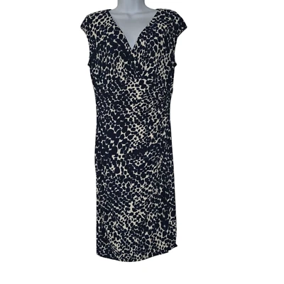 Lauren Ralph Lauren Midi Wrap Dress Womens Navy White 8 Animal V Neck Pullover - Image 1 of 4