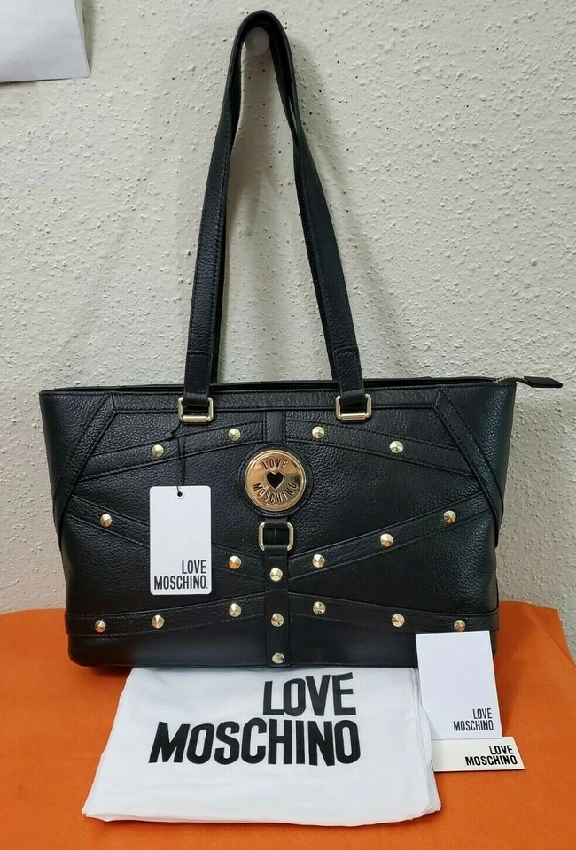 WithTags LOVE MOSCHINO Black Leather/Gold Stud Logo Shoulder Bag w/ Dust Bag